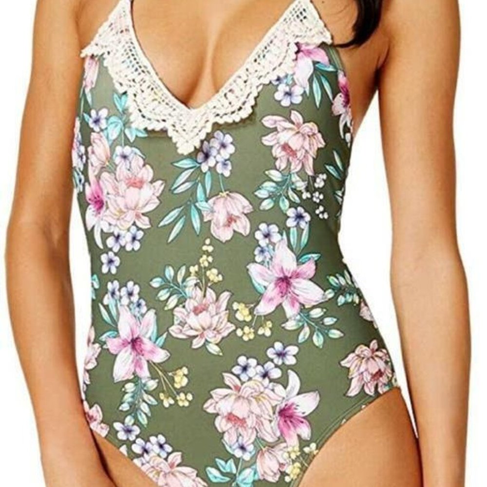 Hula Honey Womens Tropic Romance Floral-Print Halter One-Piece Swimsuit, Olive,L